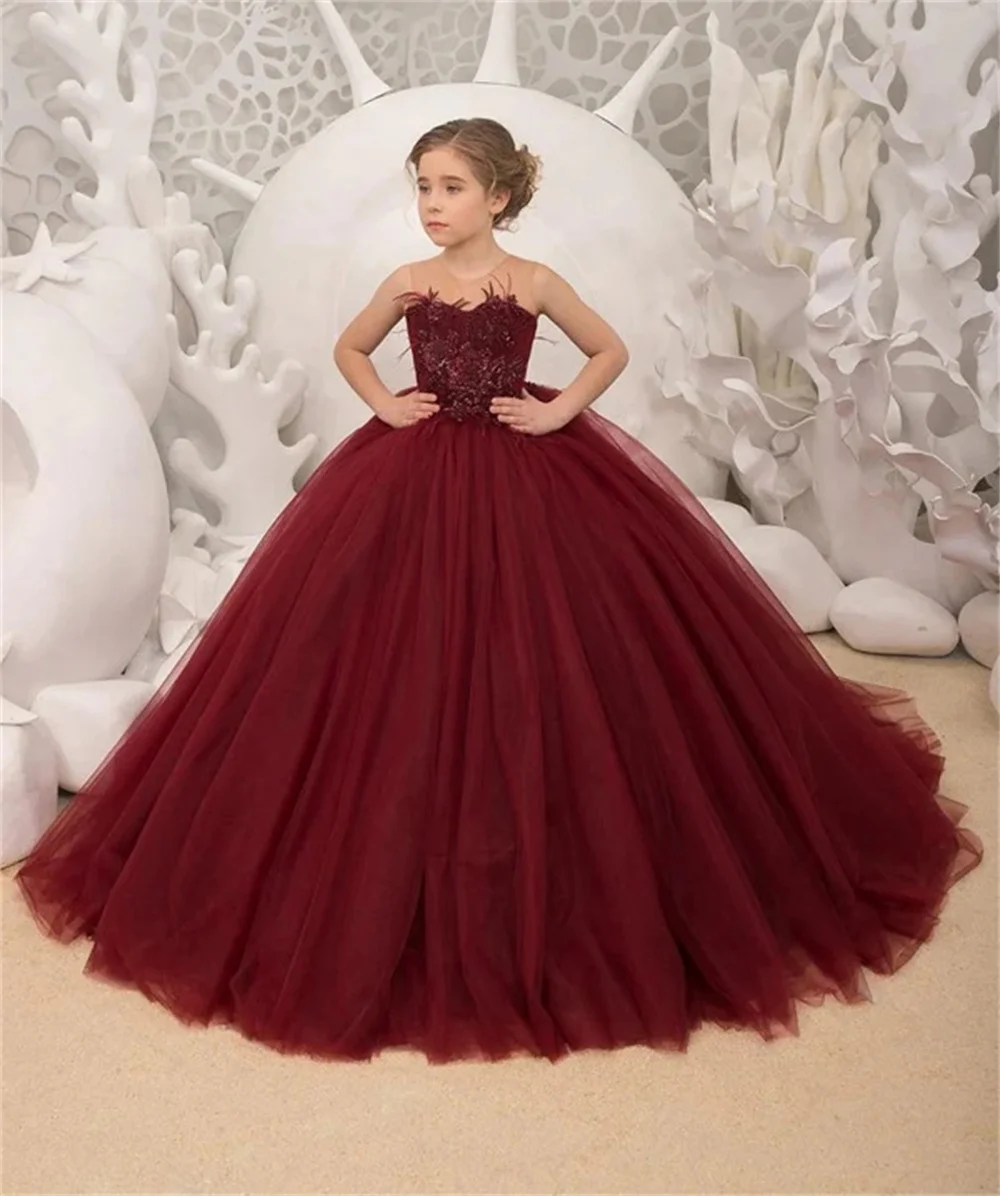 MisShow Lovely Tulle Flower Girl Dress for Wedding Burgundy Lace Applique Princess Pageant Dresses Long Birthday Party Ball Gown