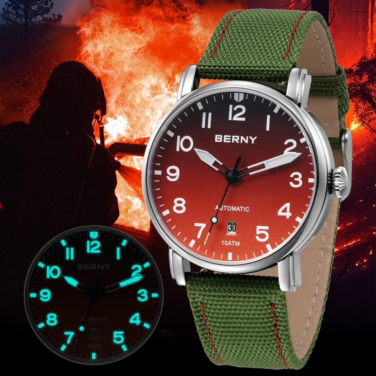 

BERNY Mechanical Men Watch Firefighter Salute Calendar Canvas Wristwatch Miyota 8215 Super Luminous 10ATM Fire Gradien Watchest