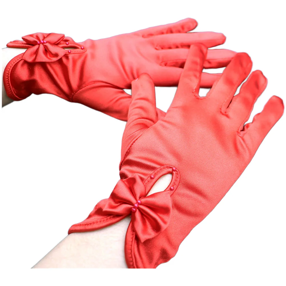 

1 Pair Elegant Satin-like Wedding Gloves With Bow And Beads Short Bridal Gloves For Women Red Black Wine Red Color