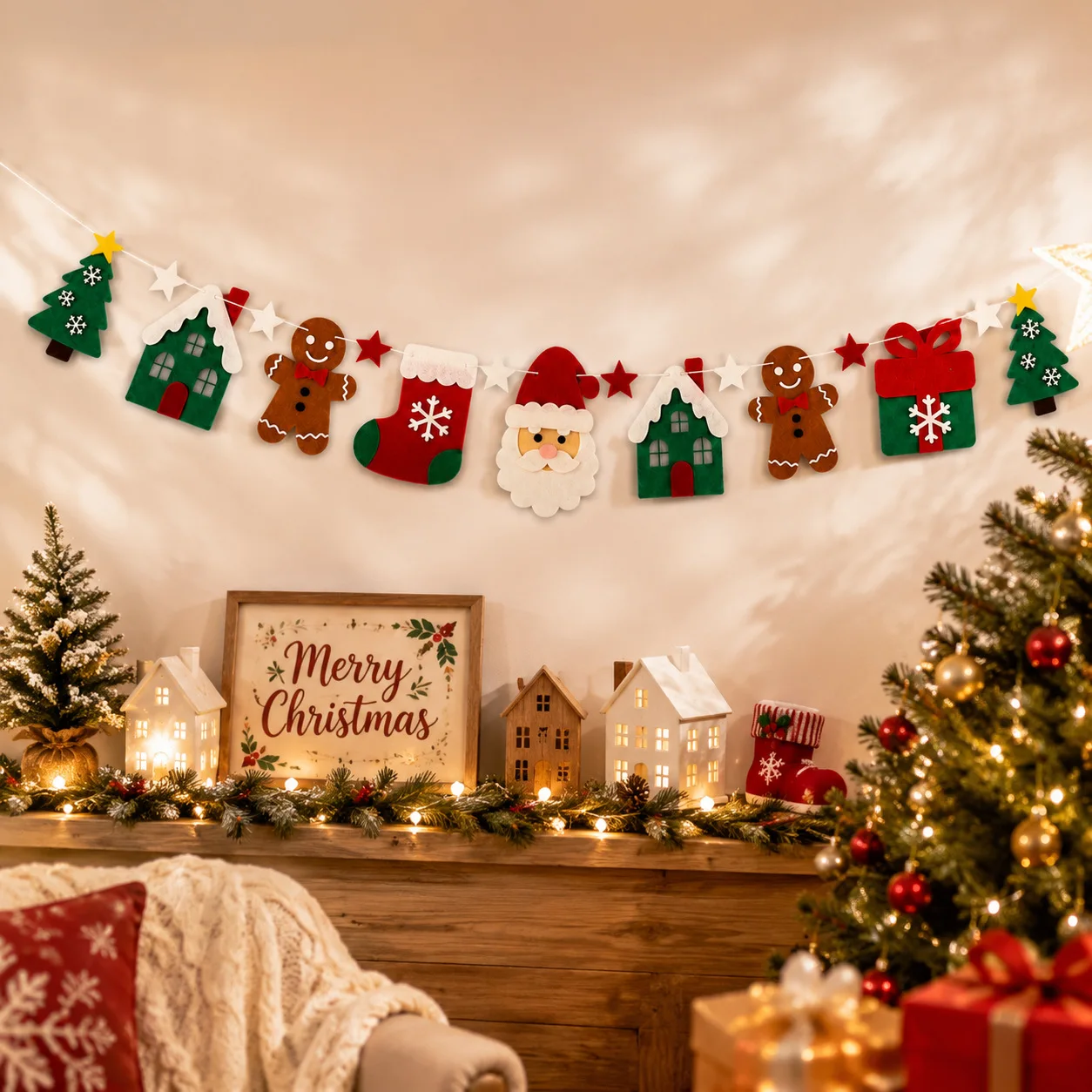 2pcs Christmas banner, Santa Claus gingerbread man, Christmas tree flag hanging, Christmas party