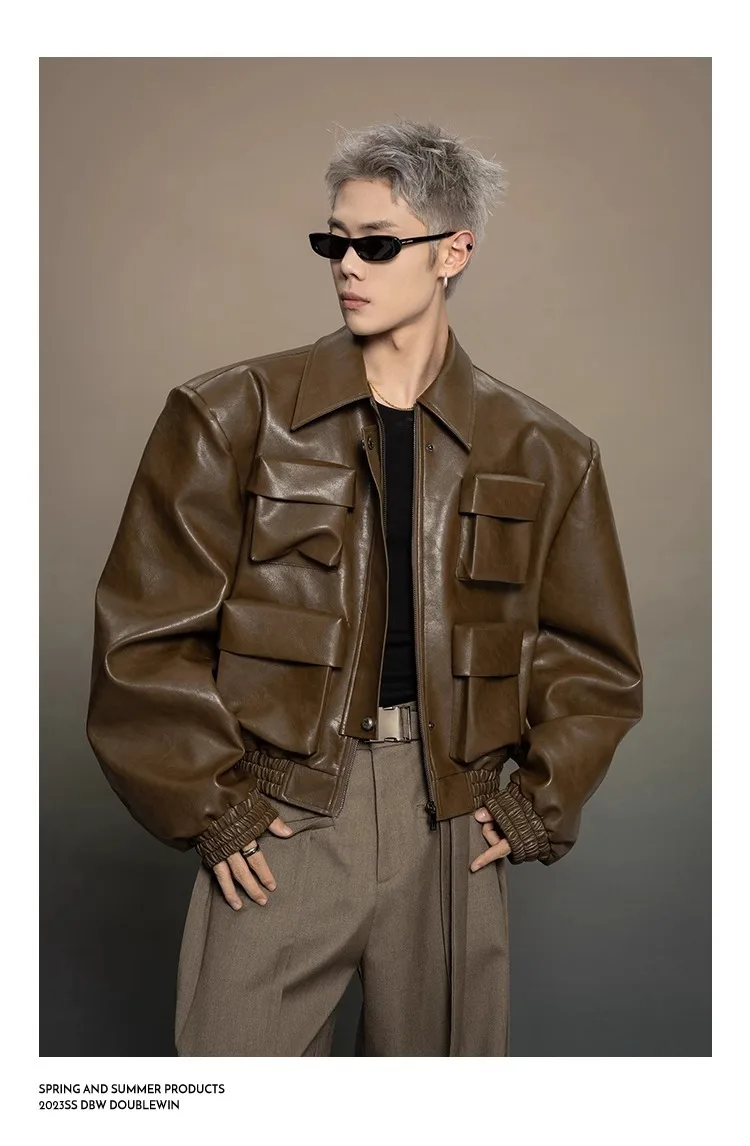 

Y2K Мужская куртка из искусственной кожи с карманом, мотоциклетное пальто с откидным воротником, повседневная готическая уличная верхняя мужская одежда с темным силуэтом 2025