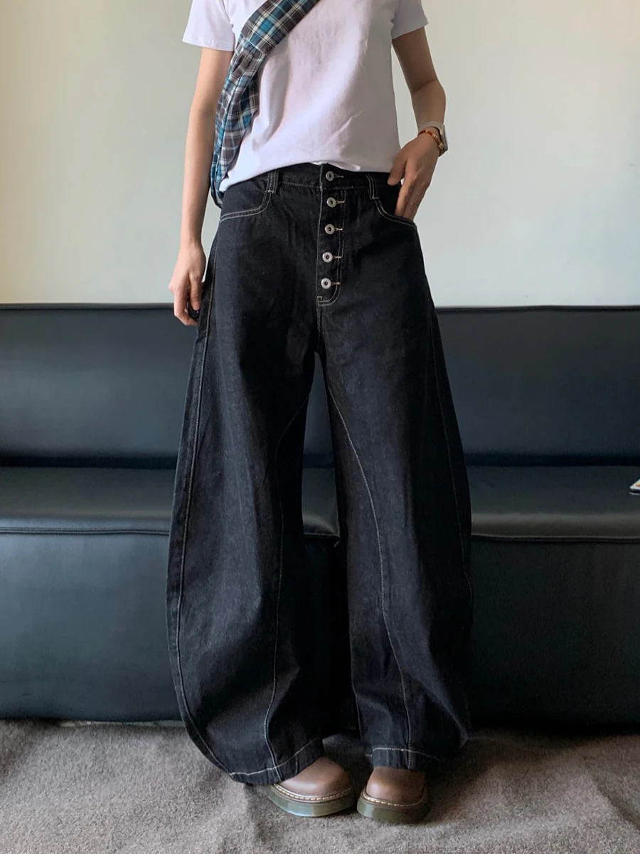 

American Retro Button Design Bootcu Bla Knife Jeans Men Women Trendy Loose Casual Long Pants Wide Leg Jeans