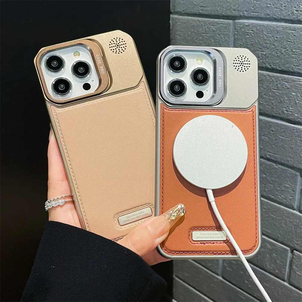 Luxury Leather Borderless Magnetic Phone Case For iPhone 16 15 14 13 12 11 Pro Max Plus Alloy Lens Holder PC Magsafe Phone Cover