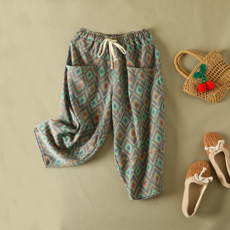 

Waed Denim Diamond Pattern Dstring Women's plus Size Jeans Loose Waist ket Seven-Foot Harem Summer Pants