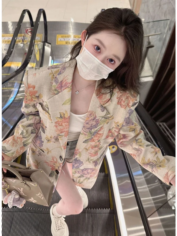 

Romantic Design Women's Suit Jaet Autumn Winter New Sle Flower Oil Painting Print High-End Feelings Vintage Loose Fit