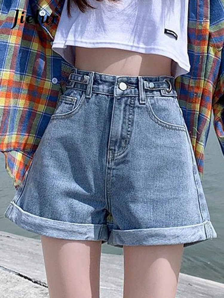 Jielur Summer New Women Adjustable Waist Slim Short Jeans Lady High Street Wide Leg Short Pants Female High Waist A-Line Shorts