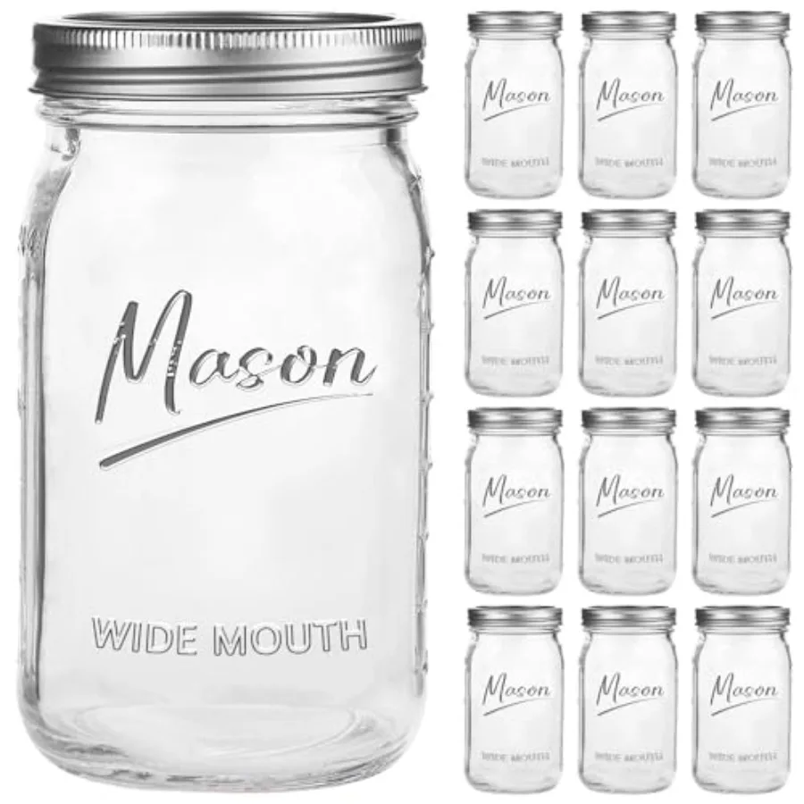 

Mason Jars 32 oz, 12 Pack Quart Wide Mouth Mason Jar With Airtight Lids, Glass Canning Jars for Fermenting, Pickling, Meal Prep
