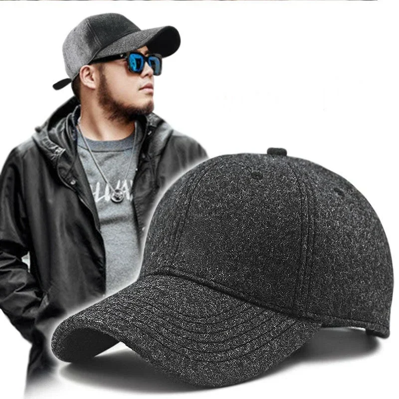 Male Winter Large Size Felt Baseball Cap Big Head Men Fleece-lined Sport Hat Plus Size Wool Snapback Caps 56-60cm 61-68cm Kpop