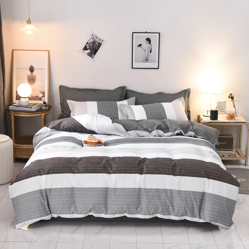 3pcs Gray and White Thick Stripes Print Reversible Bedding Set Fashion Striped Duvet Cover Set Soft Skin-friendly Quilt Cover