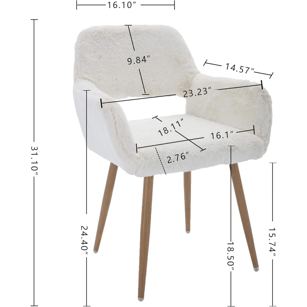 كرسي مكتب فروي KCC، كرسي مريح بذراعين حديث من منتصف القرن مع فرو صناعي للفتيات المراهقات، أرجل معدنية ذات مظهر خشبي لتناول الطعام #3