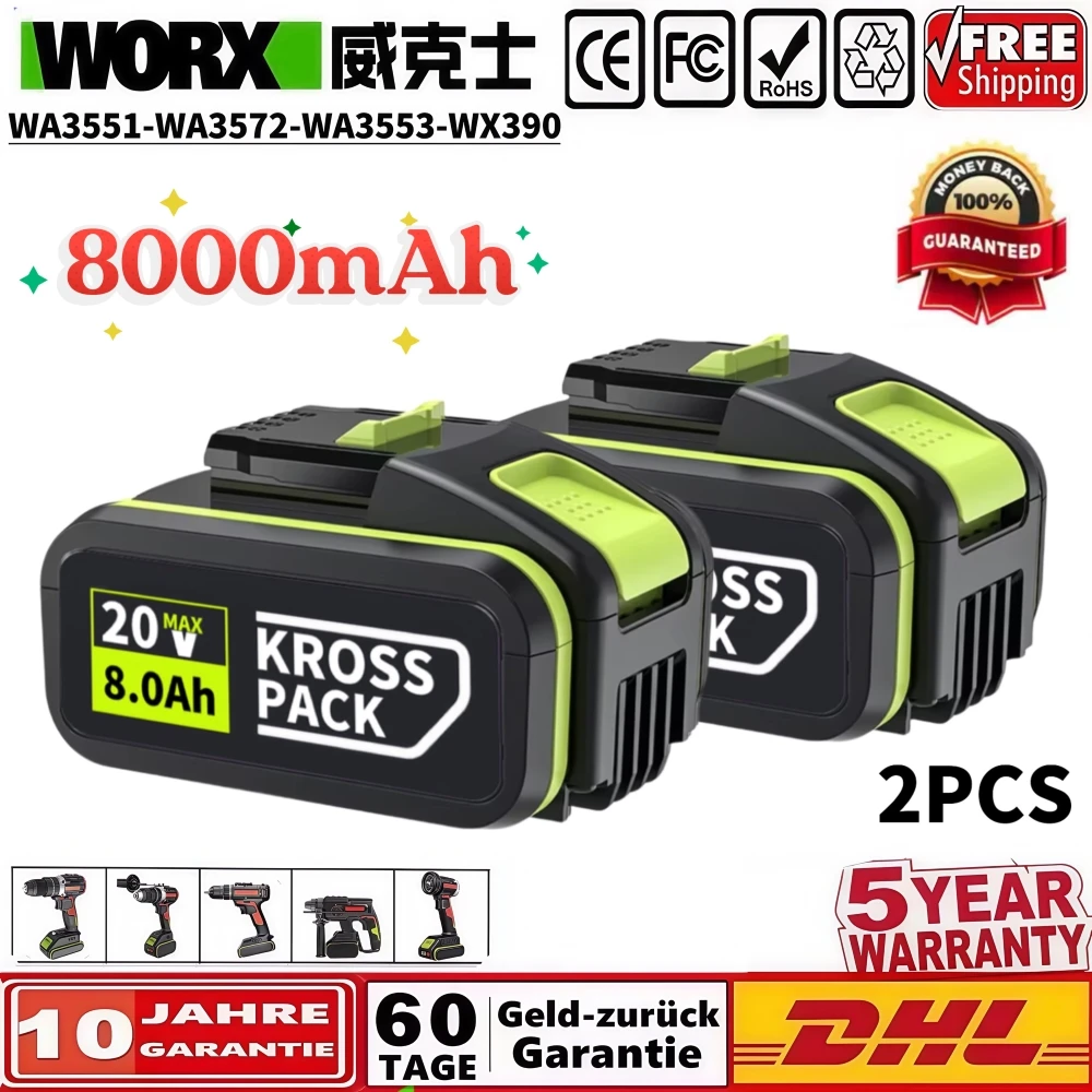 New 20V Battery For WORX 6.0/8.0Ah Lithium-ion Battery  Compatible with WA3551 WA3551.1 WA3553 WA3641 WX373 WX390 Tool Battey