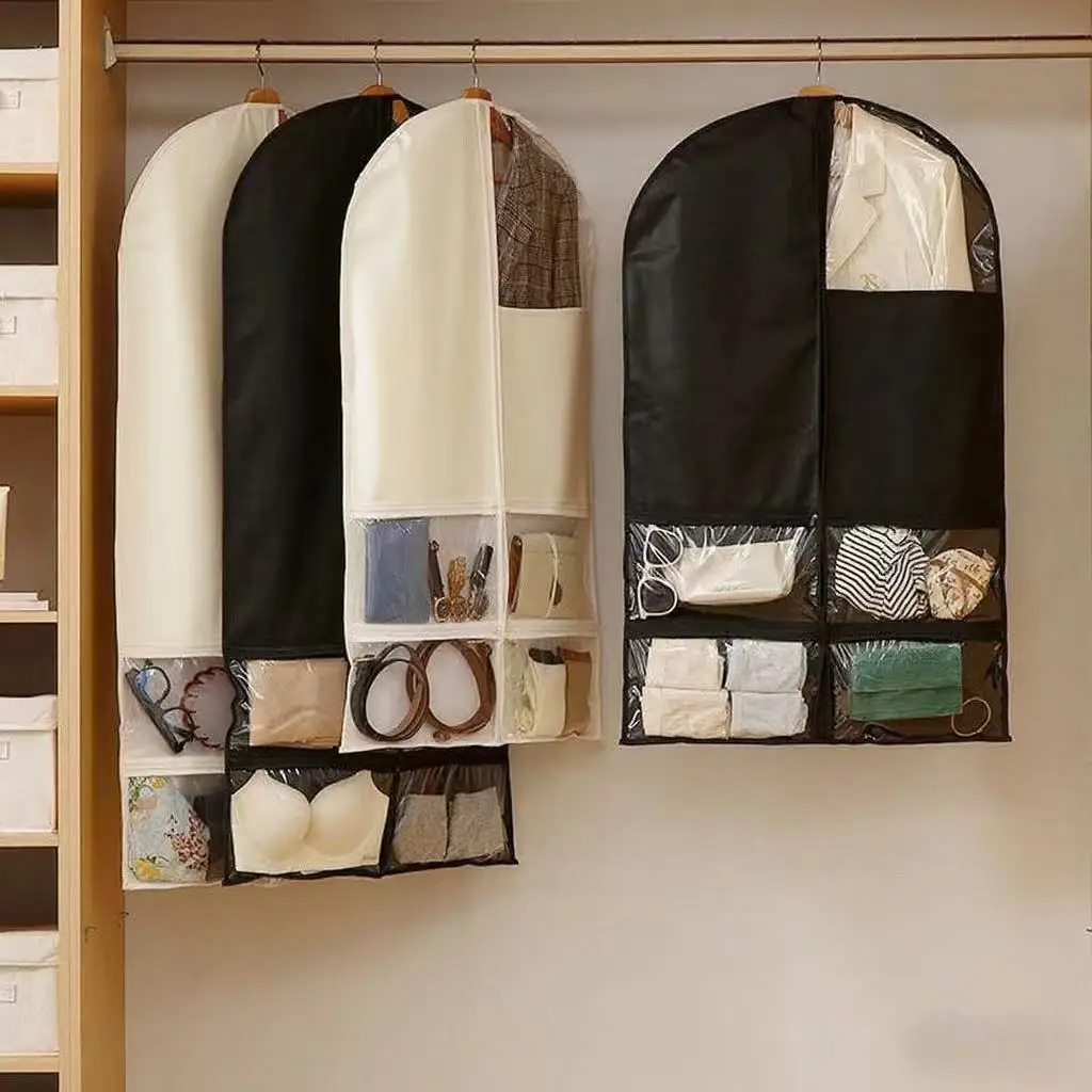 

Breathable Non-woven Fabric Suit Dress Dust Cover With Transparent Pockets Beige Grey Black Closet Hanging Garment Storage Bags