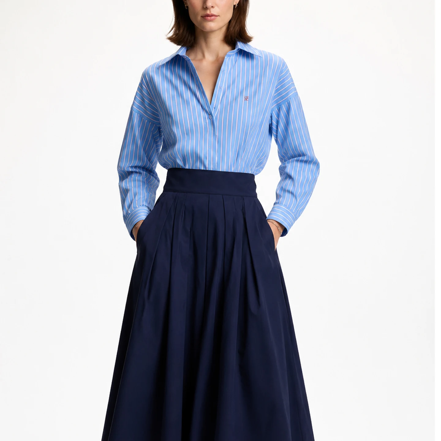CH Elegante Bürokleidung Frühling Herbst Mode Damen Gestreiftes Hemd Blau Langarm Bluse Lässige Lose Passform Knopfleiste Kragenoberteil – Detail 2