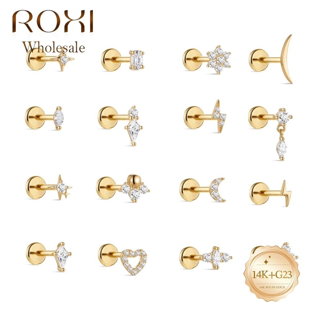 ROXI 1PC 14K Solid Gold 5/6/8mm Star Lightning Moon Flat Back Cartilage Stud Helix Tragus Piercing Earring Fine Jewelry Gift