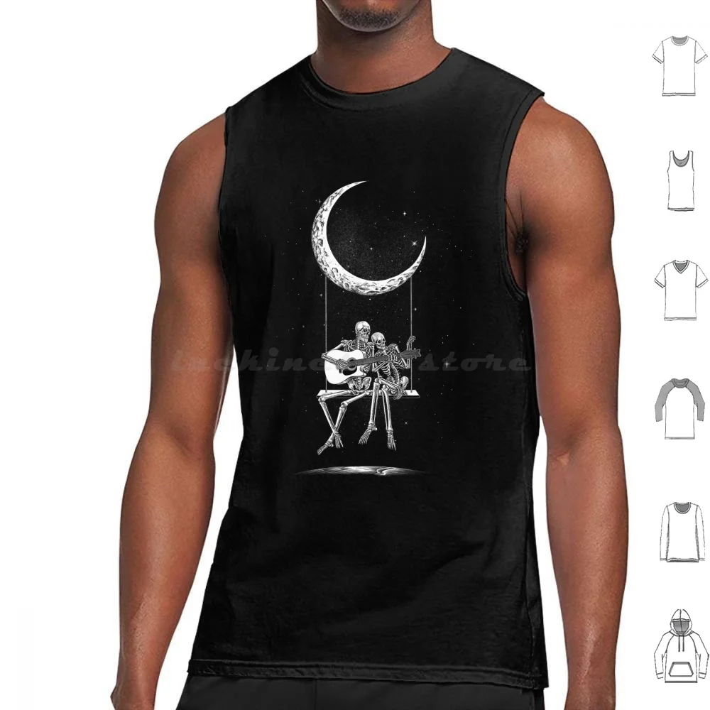 Skeleton Couple Moon Swing Playing Guitar Halloween Rock On Tank Tops Print Cotton Christmas Xmas Funny Christmas Funny