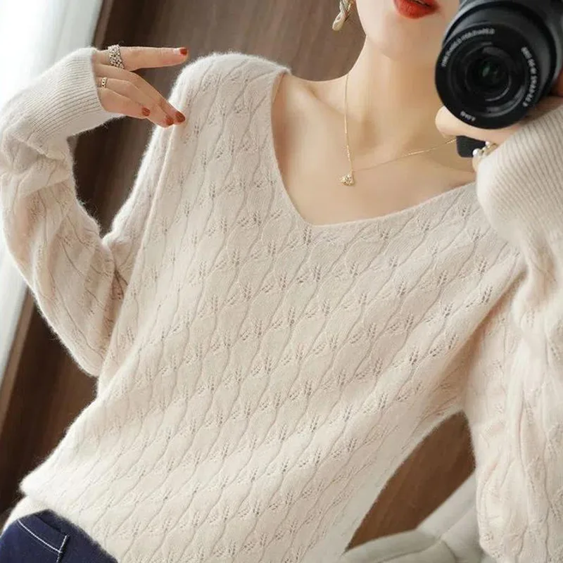 Women Clothes Refreshing Hollow Out Solid Color Knitting V-neck Long Sleeve Pullovers Winter Office Lady Sweater Female Top Tee