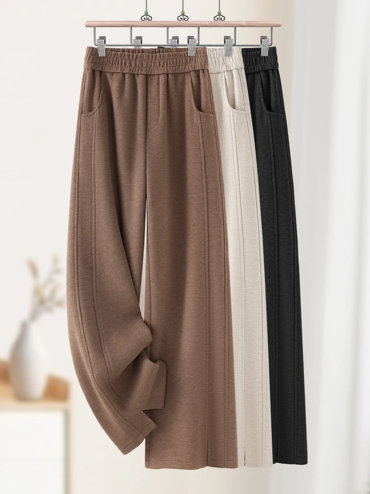 

High Waist Fleece Lined Narrow Wide Leg Pants Autumn Winter 2025 New Casual Woolen Trousers Straight Cut Commute Style