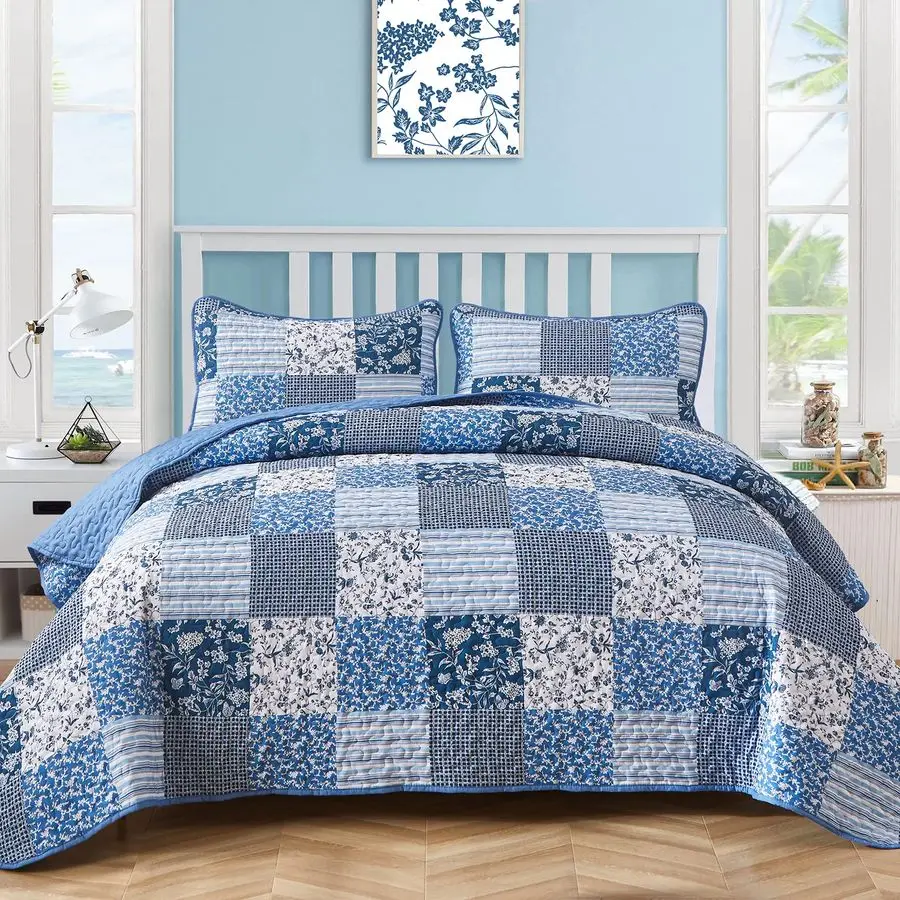 

Blue Boho Quilt Set King Size,3 Pieces Plaid Floral Bedspread Coverlet Set for All Season,Patchwork Reversible Bedding Set King