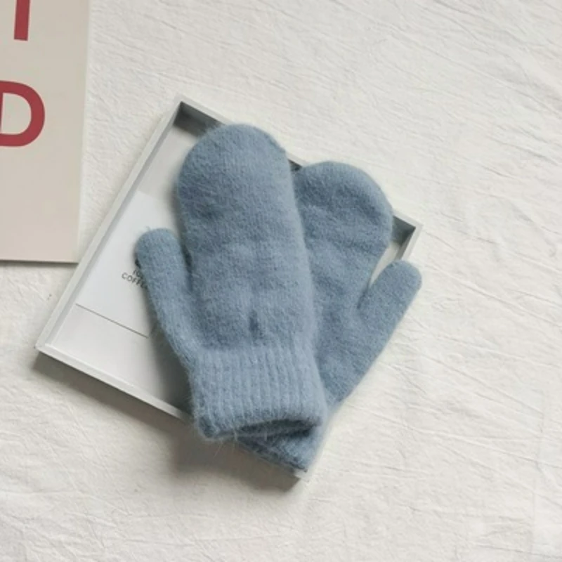 قفازات شتوية محبوكة من فراء الأرنب الصناعي، مبطنة وسميكة للحماية من البرد، قفازات واقية كاملة الأصابع على الطراز الكوري