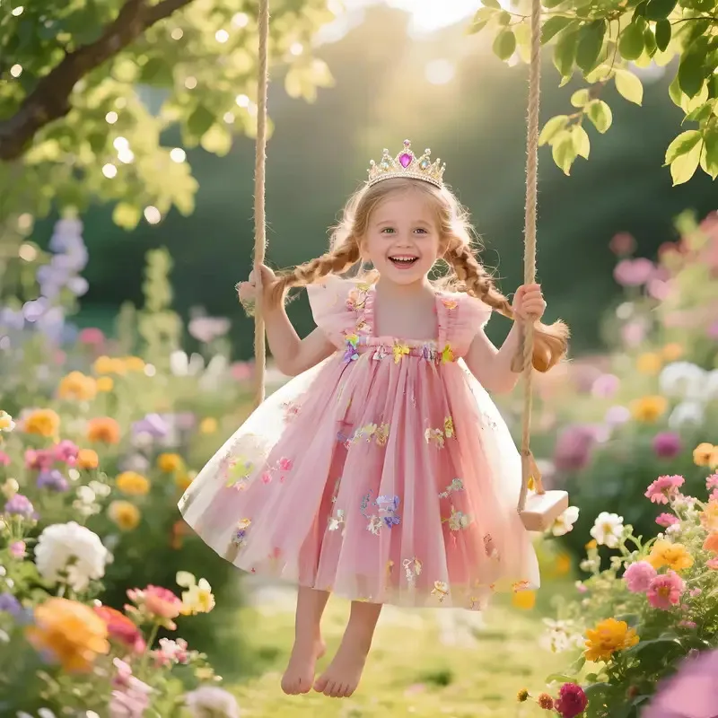 

XT8Little Girl's Petal Sleeve Sling Mesh Gown 2025 Summer Girl Dress Kids Birthday Bow Outfits Flower Girl Wedding Party ClXT6@!