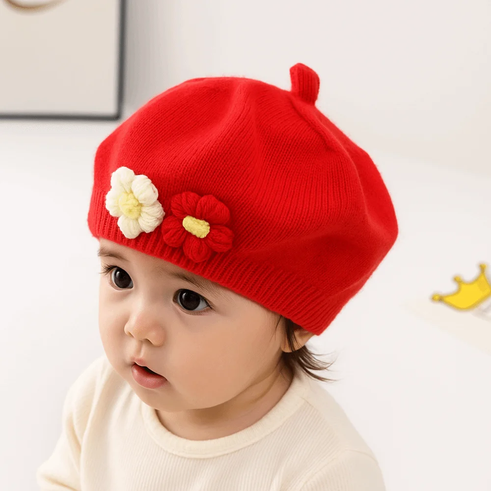 

New Cute Flower Toddler Beret Hat Warm Comfortable Knitted Hats Windproof Beanies Cap Autumn Winter