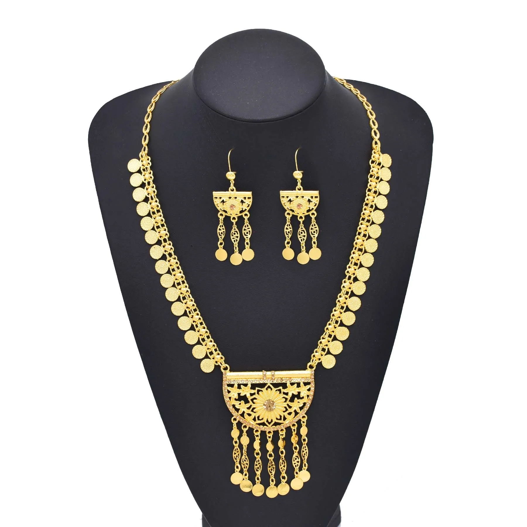 Arab Ethnic Golden Coins Crystal Geometric Moon Pendant Necklace Earrings for Women Vintage Afghan Kurdish Statement Jewelry Set