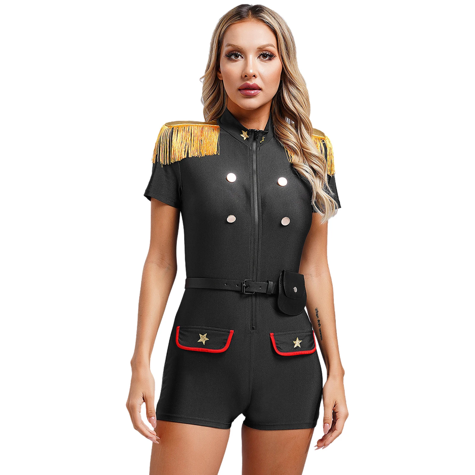 Damski brudny policjant policjant policjantka kostium Cosplay na Halloween policjant jednolite złote guziki gwiazdy body Romper stroje