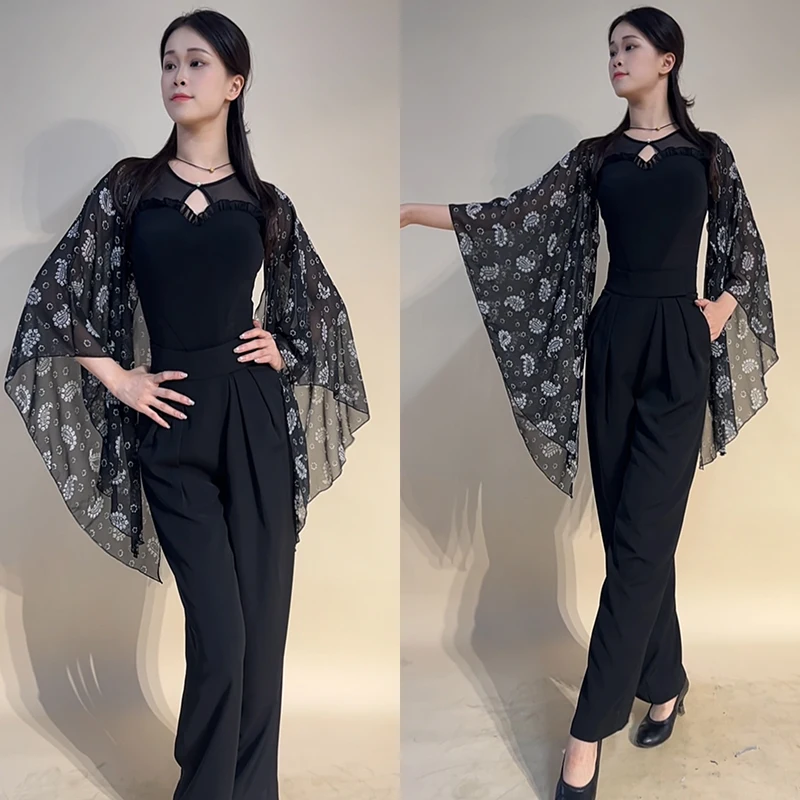 新しい社交ダンス服女性ワルツダンス練習着フローティングメッシュ袖トップス黒ズボン大人の標準ダンスウェア