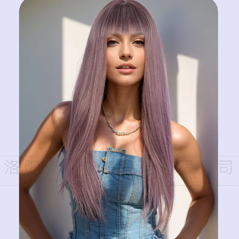 Women's wig with purple gradient color, long straight hair, straight bangs, high-temperature fiber, breathable synthetic fiber w