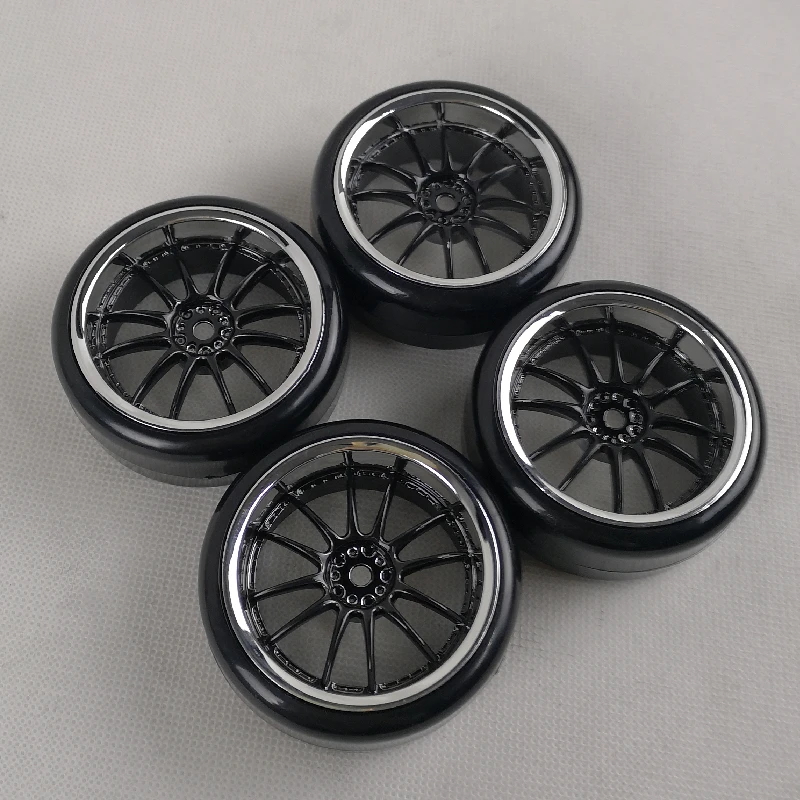 4pcs 3mm Offset 1/10 Scale Plastic Wheels Rims with Hard Plastic Smooth Tires Tyres RC Car Drift On Road Touring Model Hobby