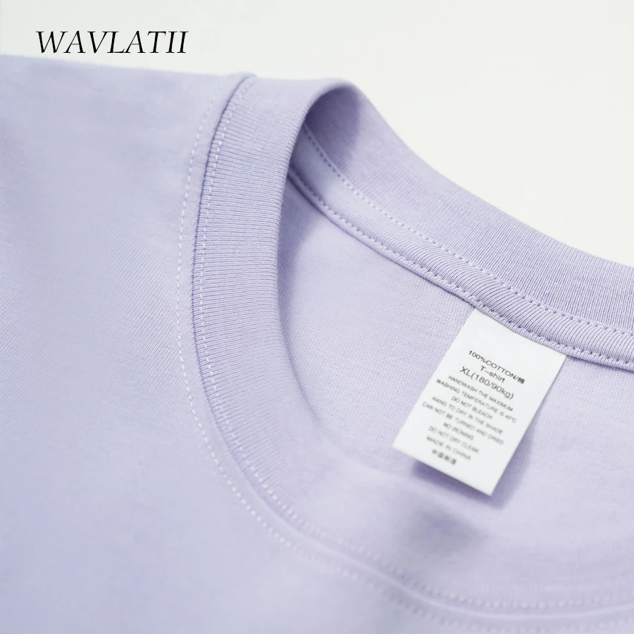 Wavlatii-女性用ベージュプリントTシャツ,綿100% の服,カジュアル,パープル,半袖トップス,レディース,夏,新品,wt2404