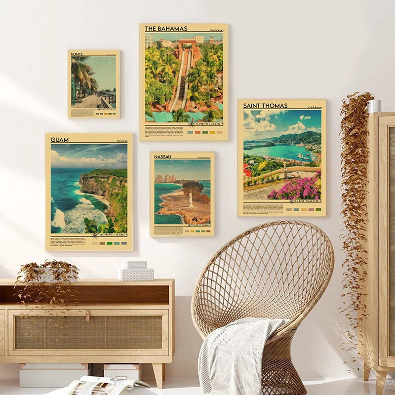 Nordic Reise Poster Italien Karibik Chile Minimal Stadtbild Kraft Papier Malerei Wand Bild für Wohnzimmer