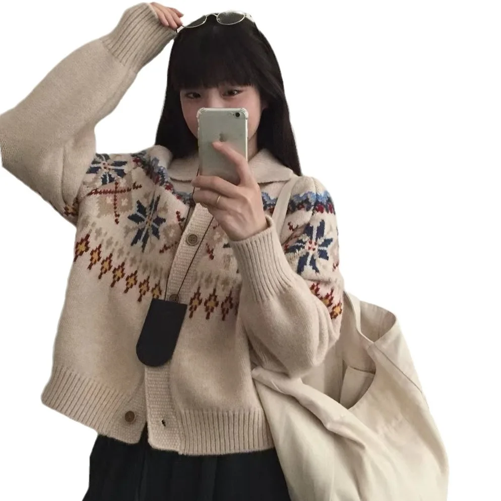 Sweater Wanita Lengan Panjang Cetak Jumper Cardigan Kancing Tunggal Saku Longgar Musim Gugur Kasual 2025 Rajutan Sedikit Elastis