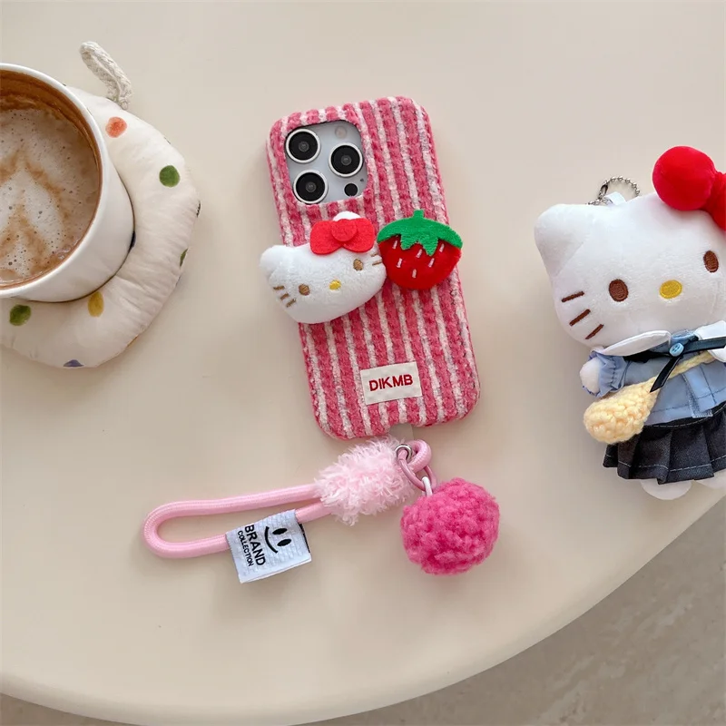 ثلاثية الأبعاد لطيف الكرتون سانريو مرحبا كيتي فروي أفخم لينة قضية الهاتف آيفون 16 15 14 17 برو ماكس الشتاء الدافئة غطاء مع الحبل #4