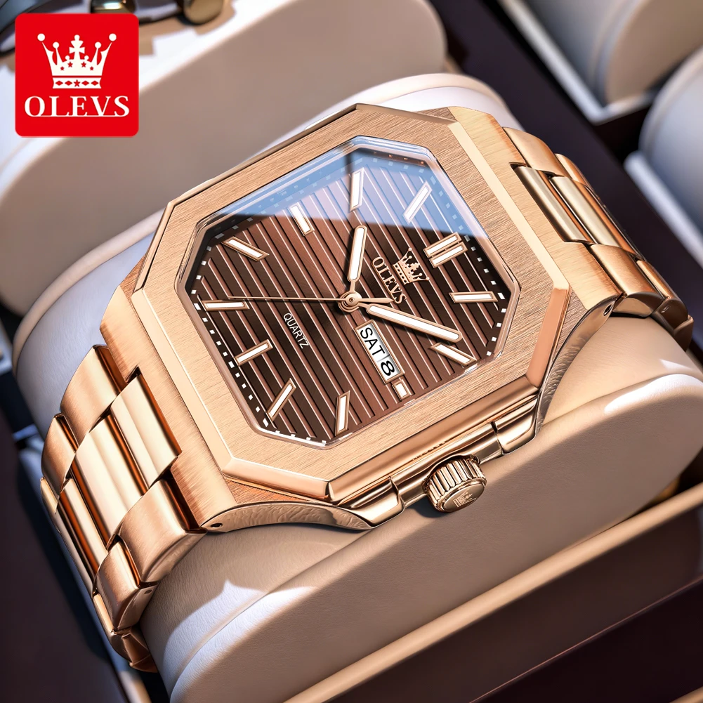 

Мужские часы OLEVS 3731, роскошные, оригинальные, квадратные, кварцевые, из нержавеющей стали, водонепроницаемые, с подсветкой, указателем дня недели и даты, в подарочной коробке.