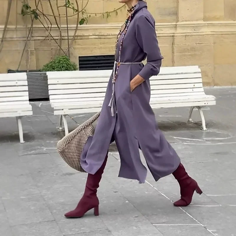 Hemdkragen, hohe Taille, Temperament, einfarbiges Kleid, lockerer, lässiger Pendlerstil, mittellanger Rock für Frühling und Herbst