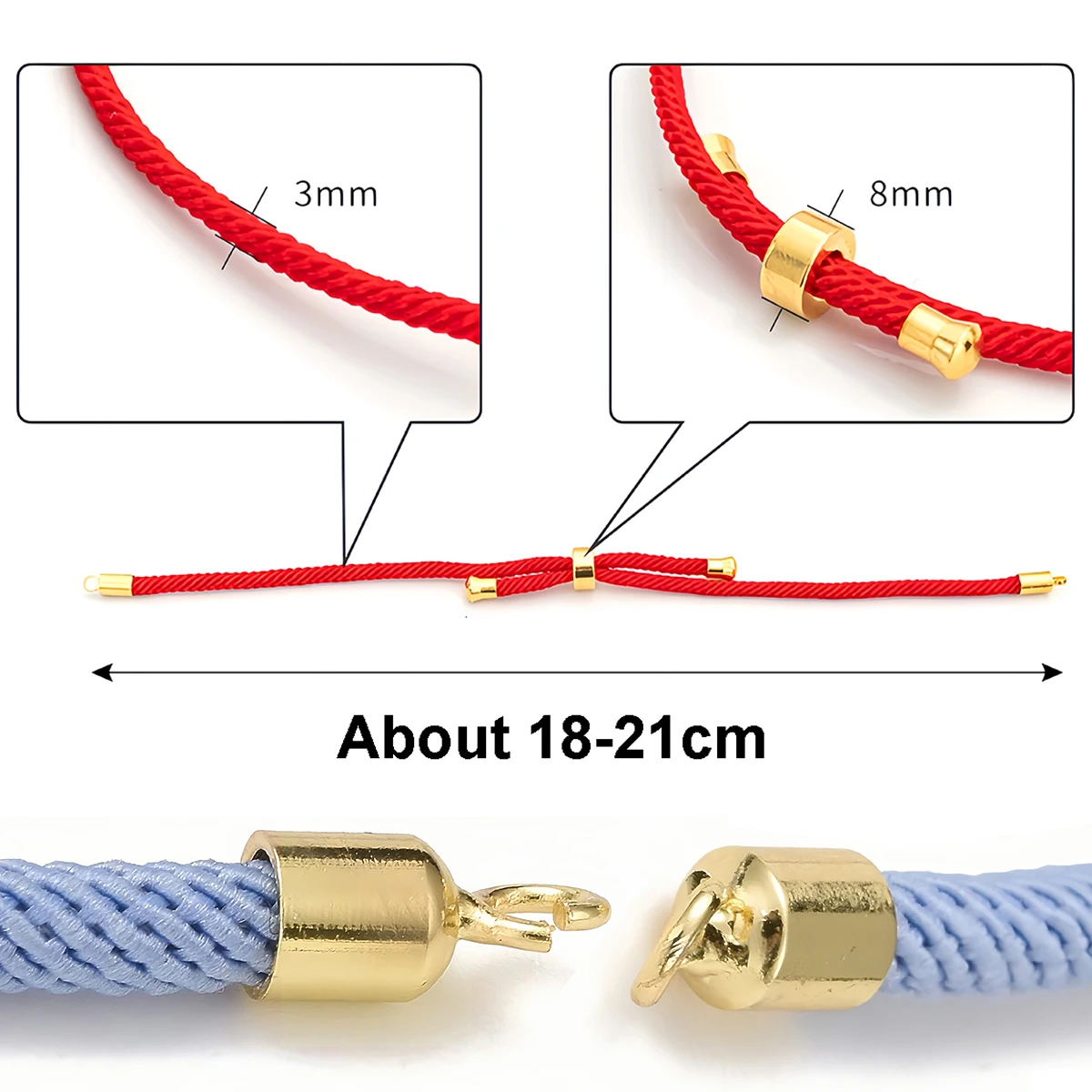 1-3 Stück Verstellbare Geflochtene Nylon-Kordeln mit Schieber, Handgefertigtes Glücksarmband mit Messing-Endkappen für Schmuckherstellung – Detail 2