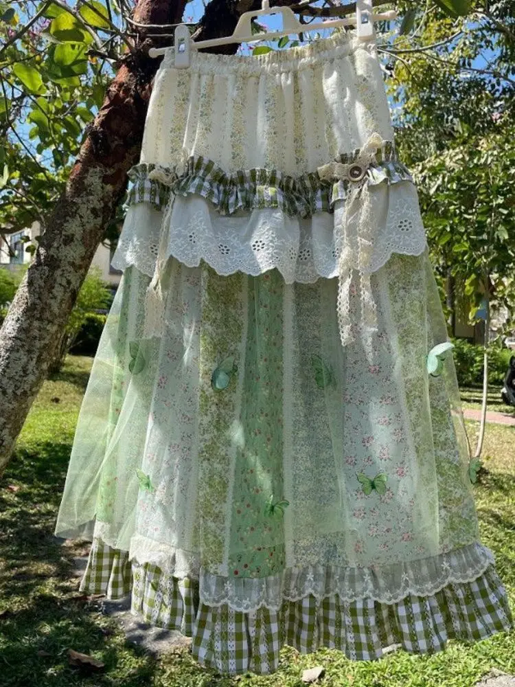 Style japonais décontracté vacances jupe femmes Resort Vintage dentelle couture jupes amples été imprimé vérifier Chic Design tenues nouveau