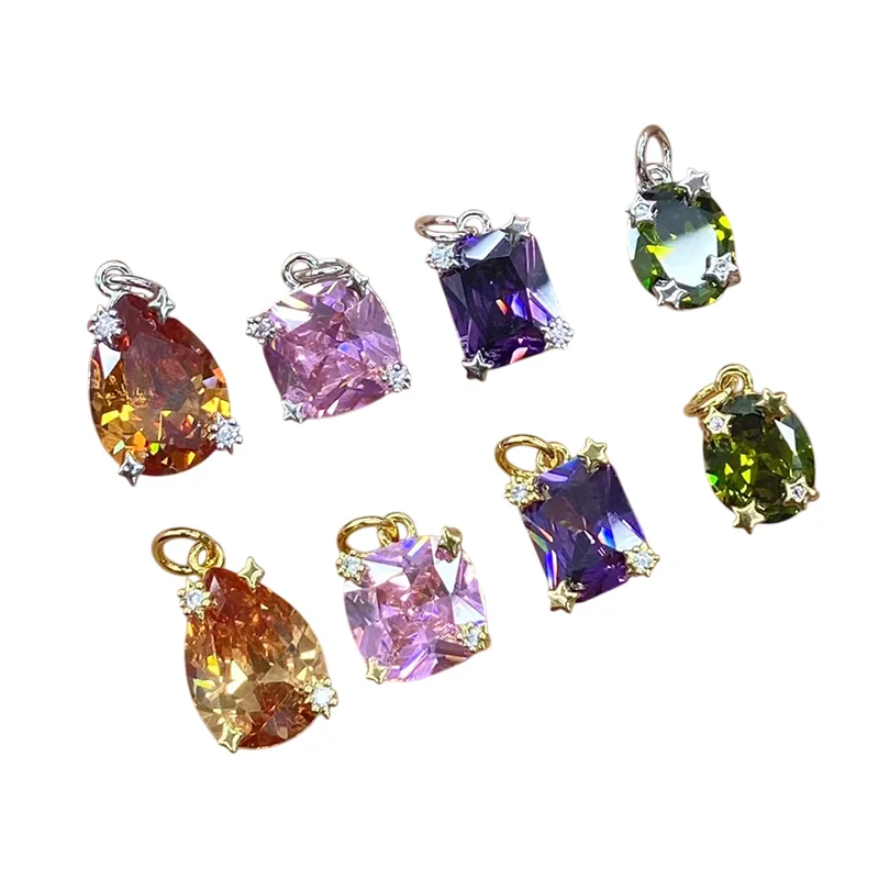 

1 Piece Inlay Square Oval Teardrop Zircon Pendant for DIY Bracelet Necklace Making Copper Plated Jewelry Women Charm Accessories