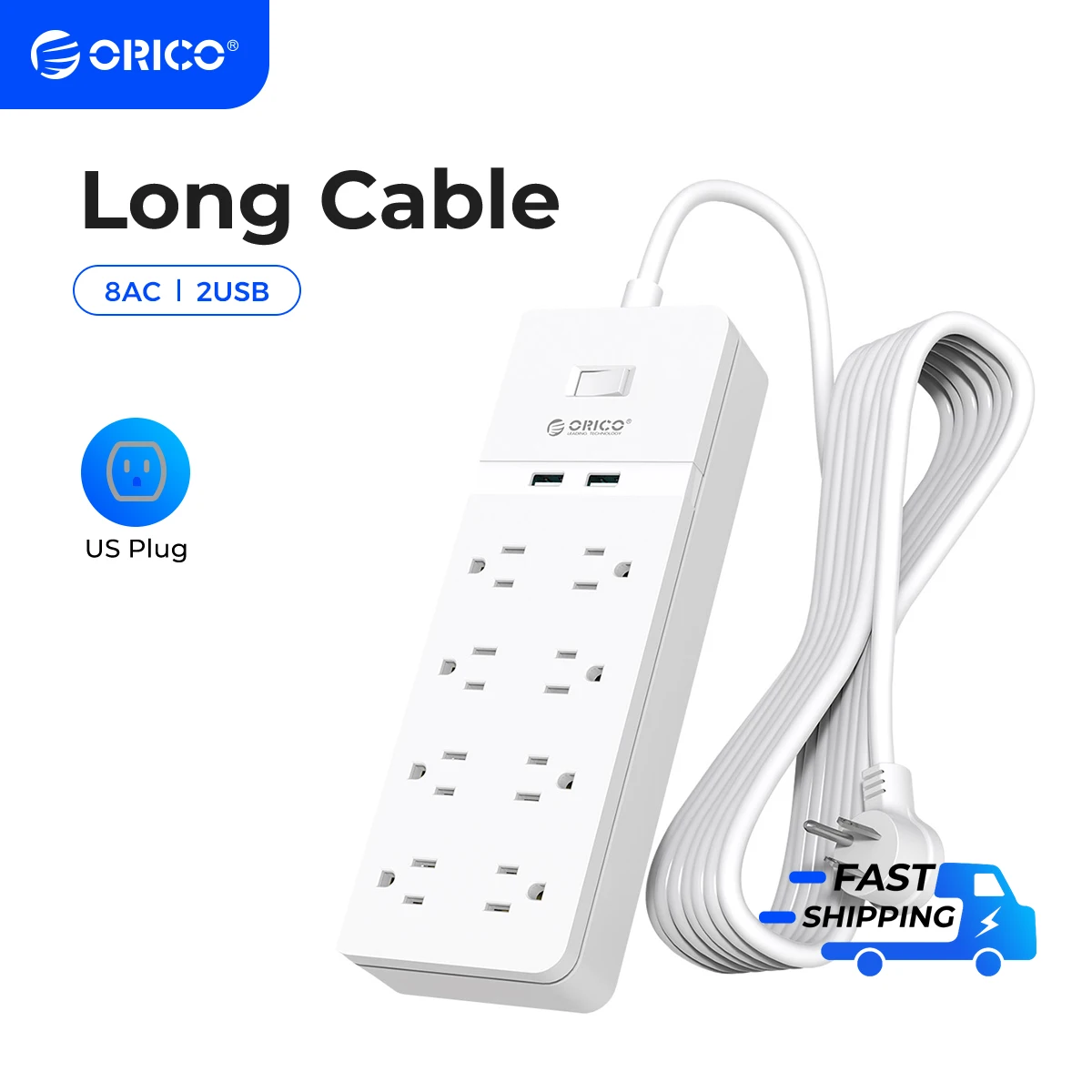 ORICO 8AC Outlets 2 USB Ports US Plug Electrical Socket Extension Power Strip For Office  Surge Protector