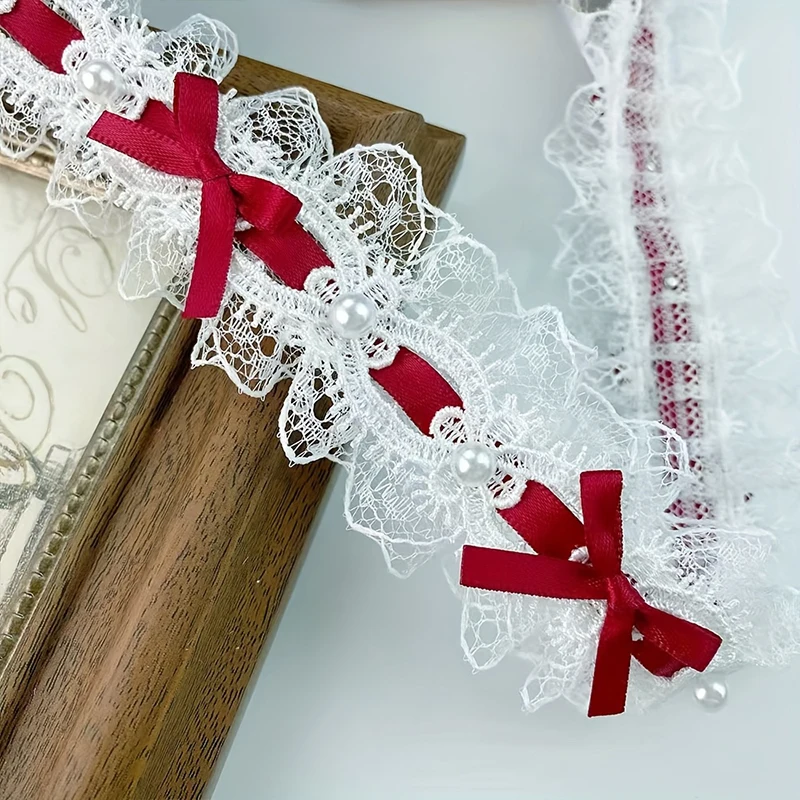 Pearl Bead Bow Ruffled Lace Ribbons