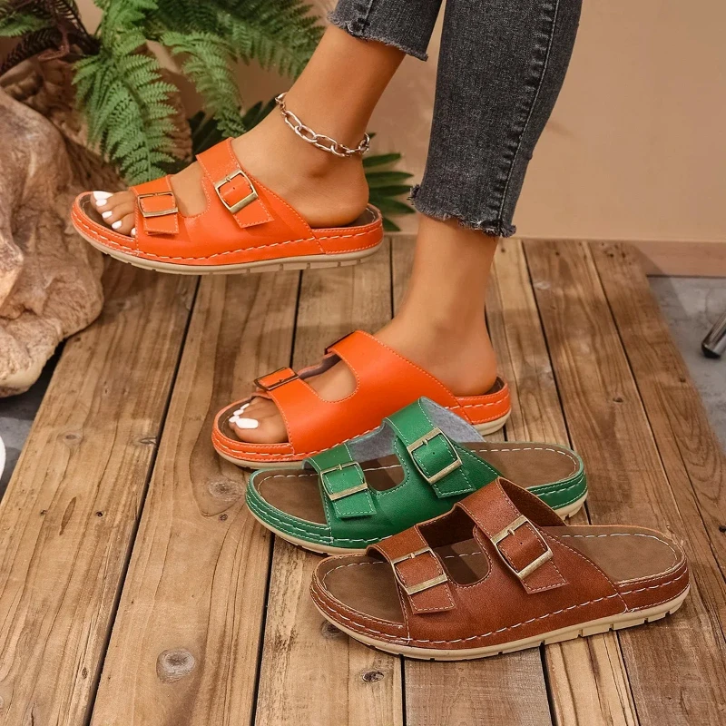 

Лето 2023, женские босоножки на танкетке, ортопедические сандалии премиум-класса с открытым носком, винтажная нескользящая кожаная повседневная женская обувь на платформе в стиле ретро