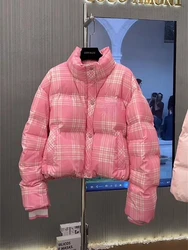 Autumn Winter Pink Plaid Cotton Coat Women Clothing Trends Short Jackets Warm Windproof Parkas Long Sleeve Cotton-padded Jacket