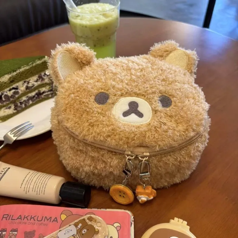 Sac de rangement en peluche Rilakkuma mignon et grand format, avec fermeture éclair, pour cosmétiques, articles de toilette et produits de soin de la peau, portable pour les voyages