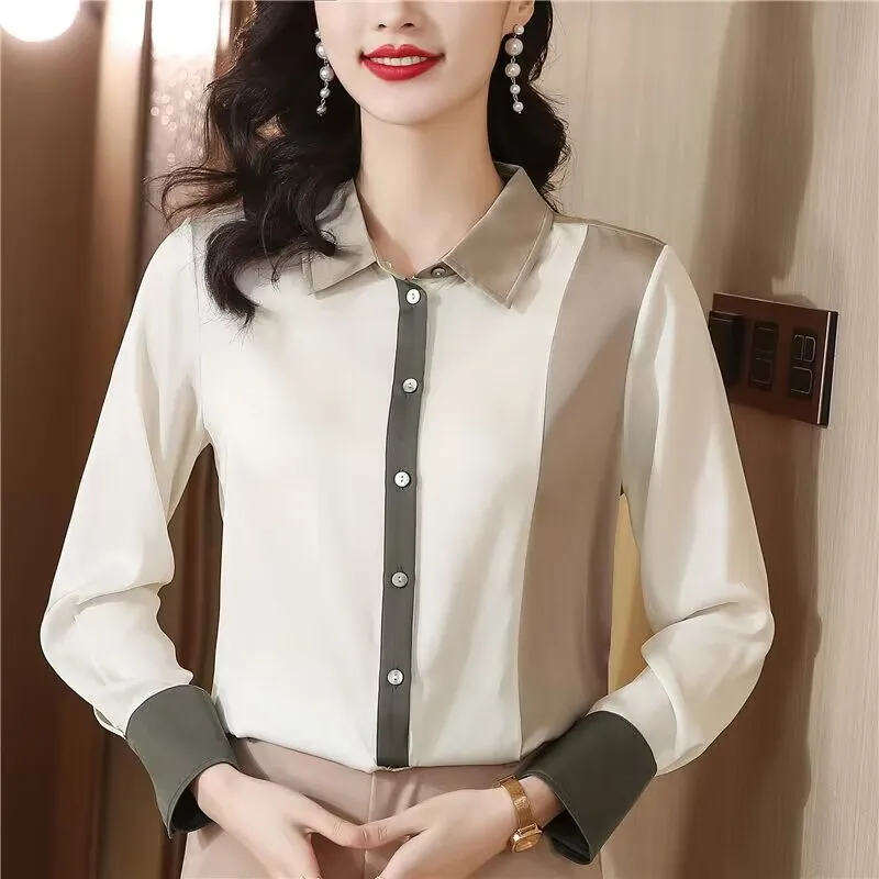 

Clothing Unique Mulberry Three-Color Patchwork Silk Shirt Women Spring New French High-End