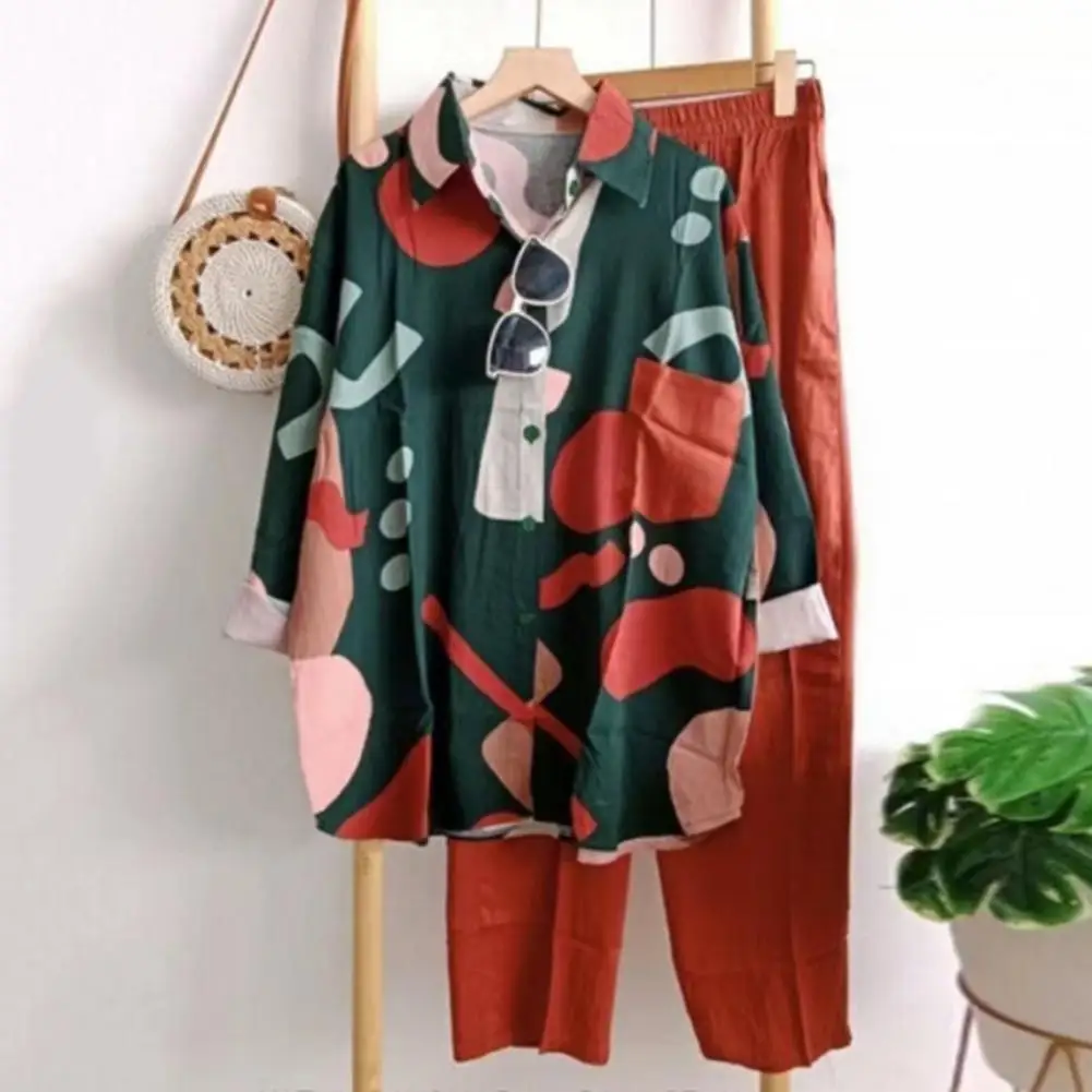 

Print Blouse Pants Set Colorful Print Women's Shirt Pants Set with Long Sleeve Blouse Wide Leg Trousers Casual Daily for Ladies