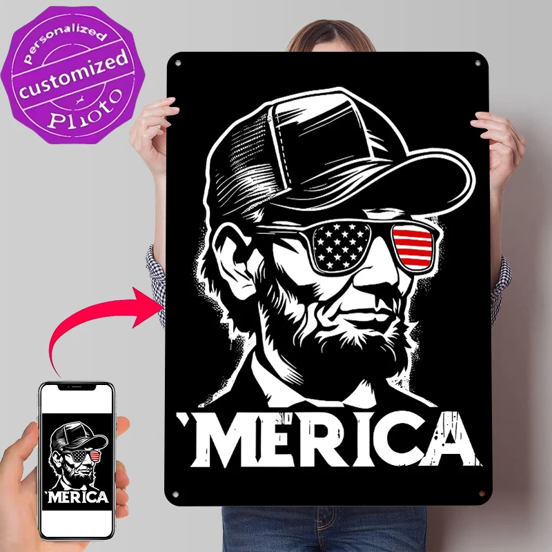 Abraham Lincoln With American Flag Sunglasses Tin Poster Customized Wall Art Retro Vintage Metal Signs for Fans Room Home Decor