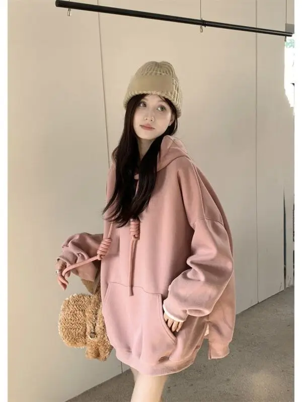 Sudadera con capucha holgada de talla grande para mujer, suéter informal largo con cobertura de carne para invierno, sudadera cómoda y transpirable para calle