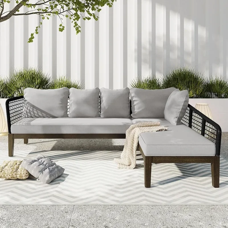 Outdoor Patio Furniture All Weather Rope Waved Sofa Garden Conversation Set Seating Group with Cushions Outside L-Shaped