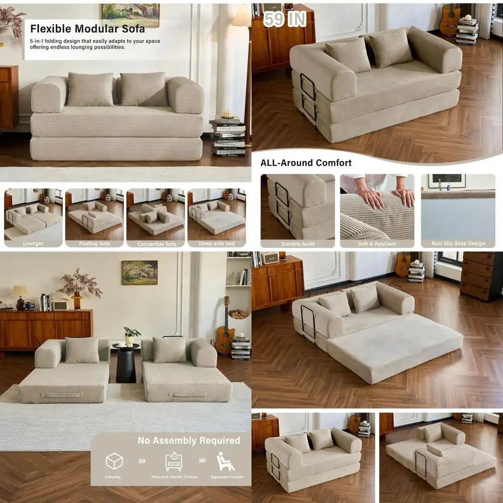 

59 Convertible Sofa Bed, 5-in-1 Small 2-Seater Sofa Corduroy Couch with Pull-Out Sleeper, Ideal for Small Spaces, Home Office, B